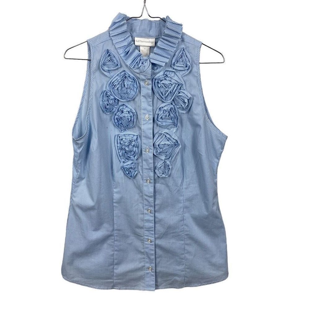 SOFT SURROUNDINGS STRIPED BLUE BUTTON FRONT SLEEVELESS